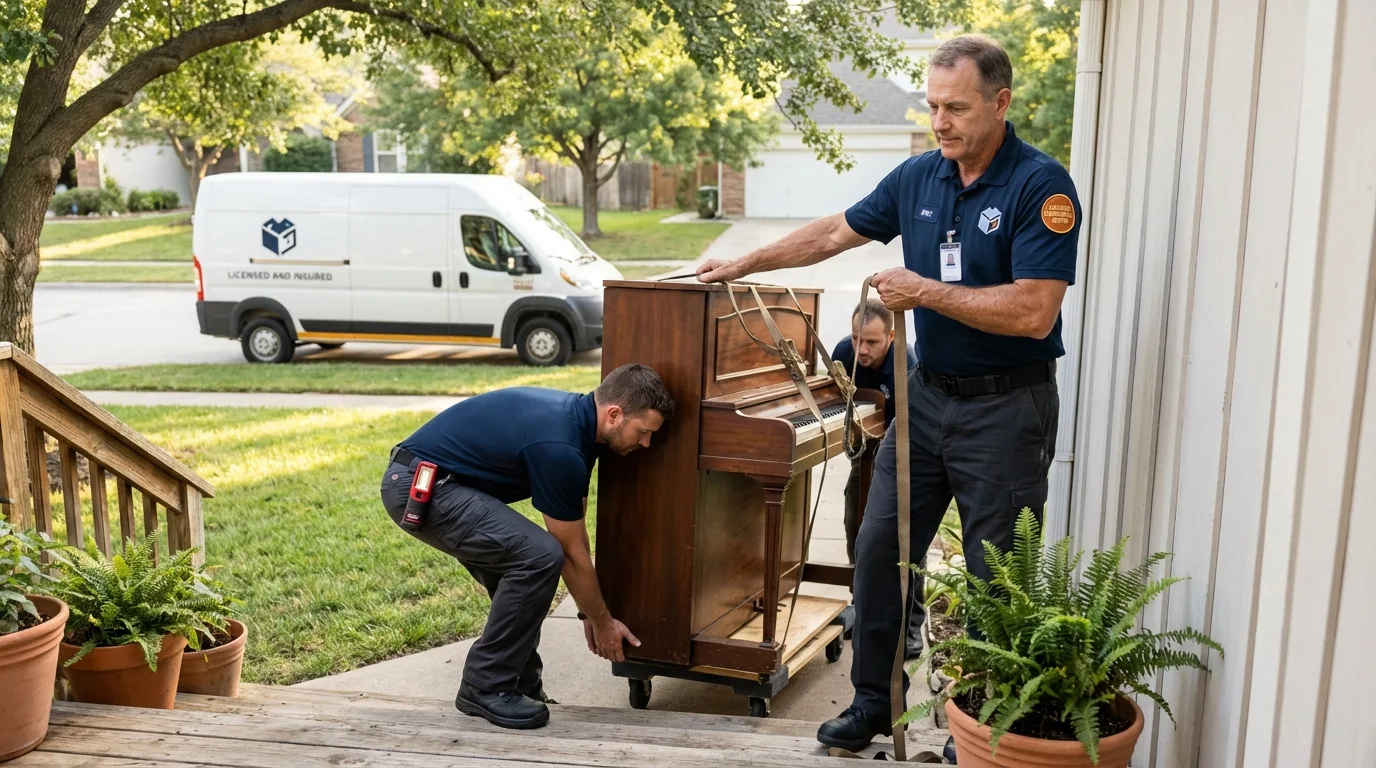 Licensed piano movers securing grand piano in Riverdale, GA