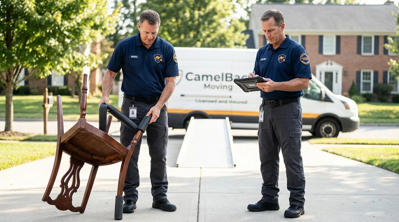 Movers inspecting furniture for damage prevention before loading in Riverdale, GA