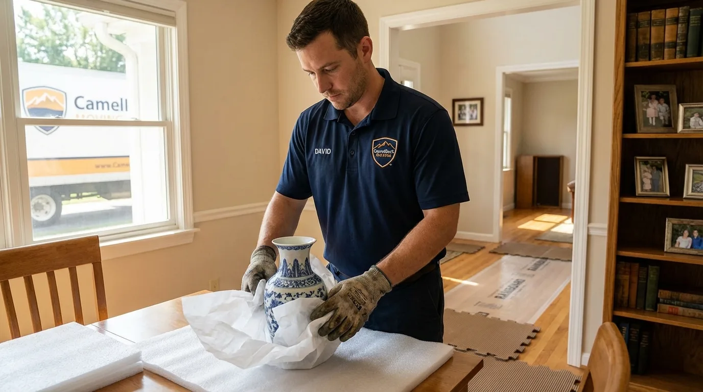 Professional crew carefully wrapping antique vase for senior downsizing move in Riverdale, GA